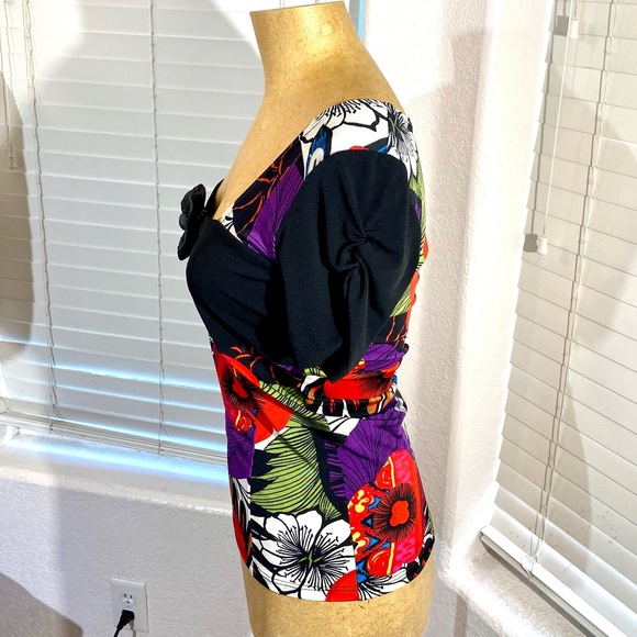 BLUE D’AZUR France top blouse black red stretchy - Picture 4 of 15